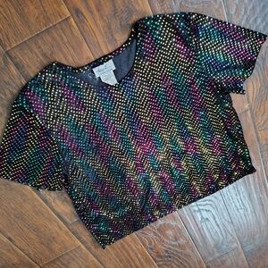 Vintage 80s Kathie Lee rainbow sequin short sleeve blouse Size XL